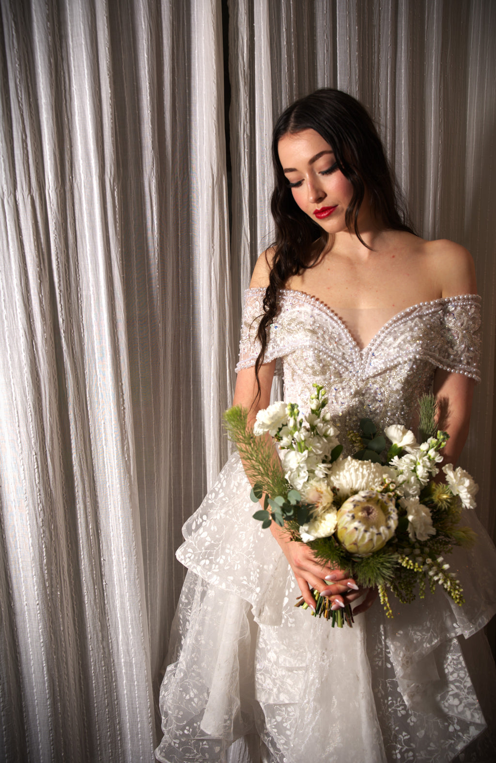 Hand beaded wedding dress hire Perth – finely boned bodice with luxurious layered 3/4 length romantic skirt, fits AU4-10