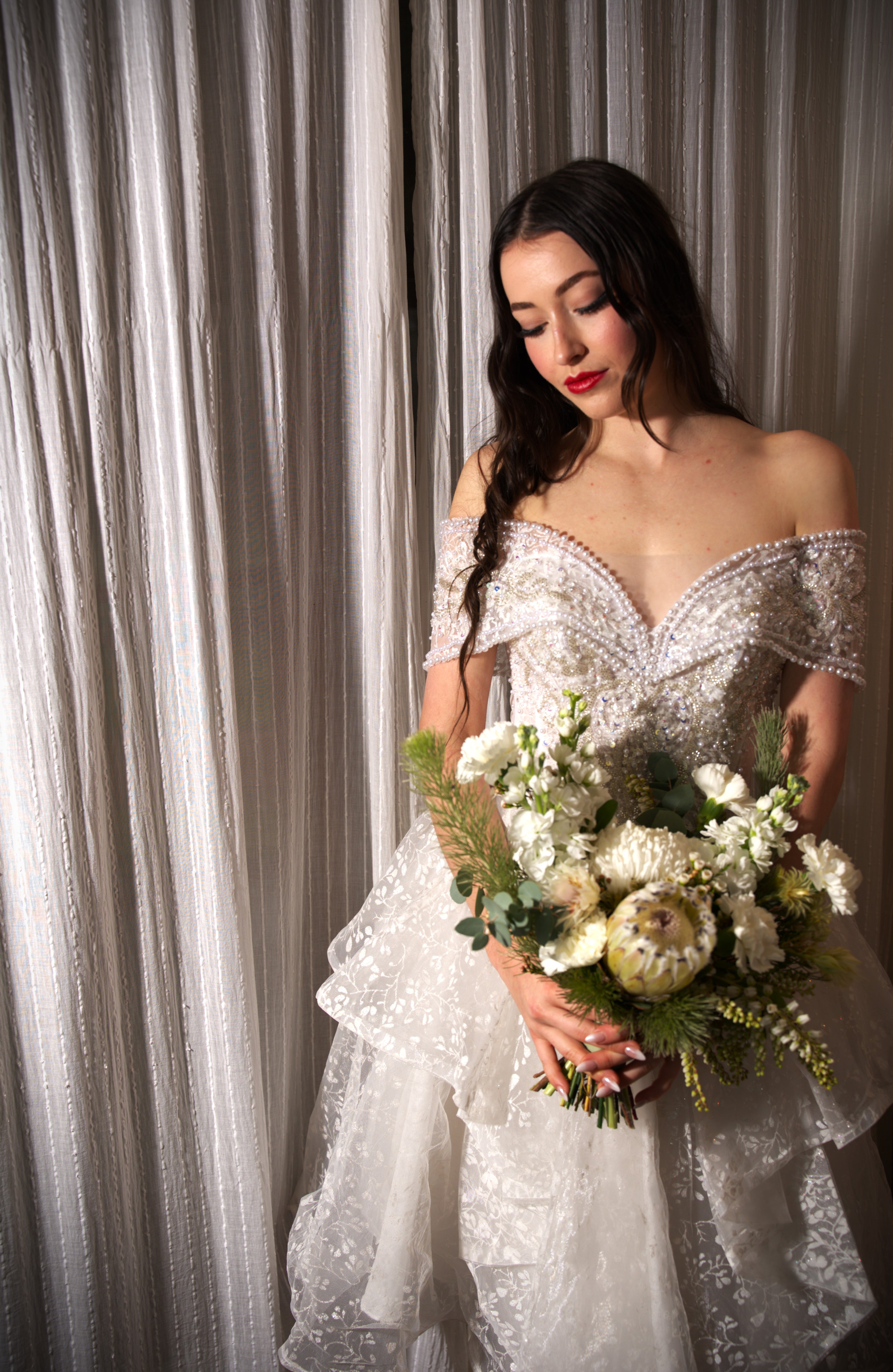 Hand beaded wedding dress hire Perth – finely boned bodice with luxurious layered 3/4 length romantic skirt, fits AU4-10