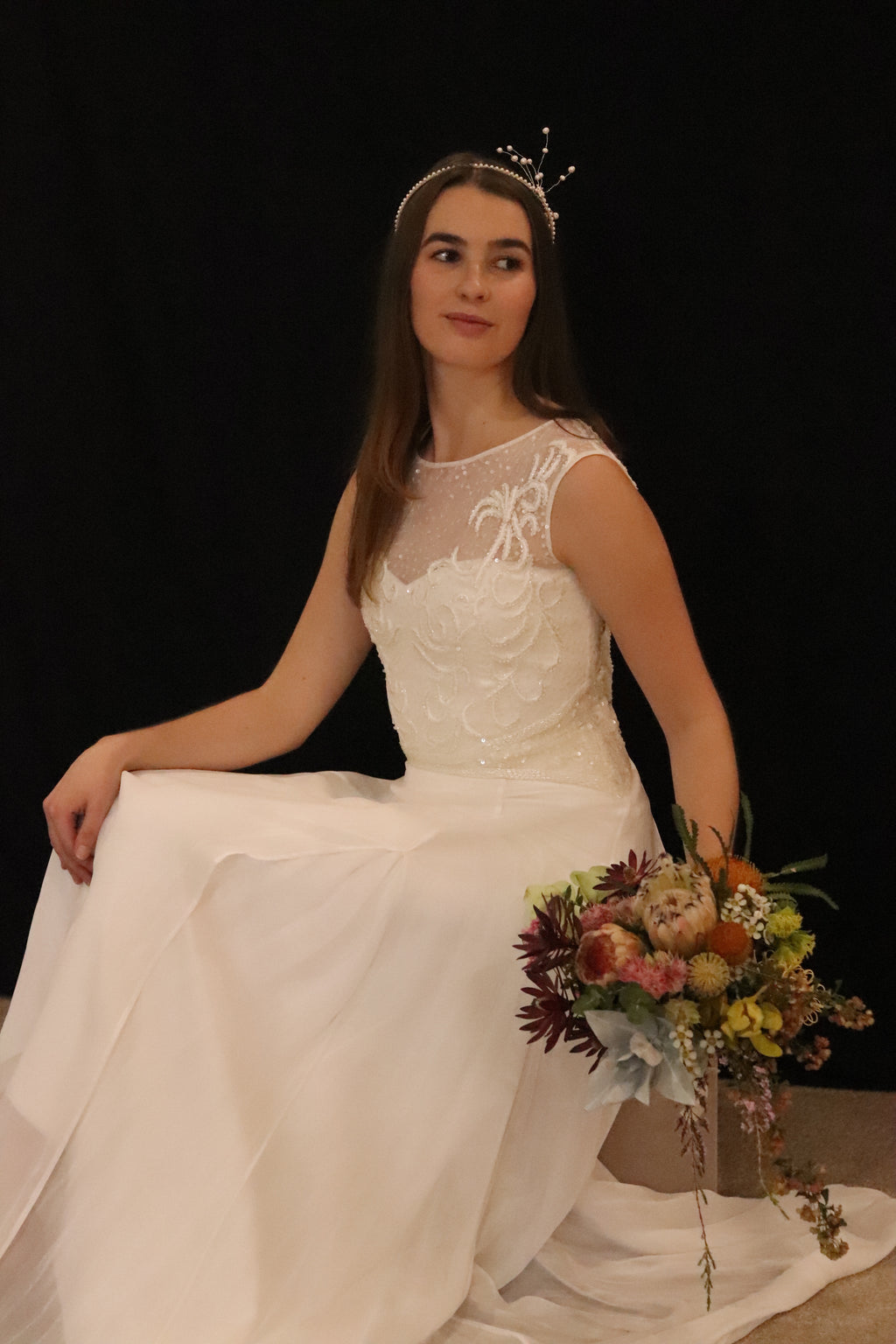 Wedding dress hire Perth with beautifully detailed finely boned bodice and soft flowing silky skirt, fits AU10-12