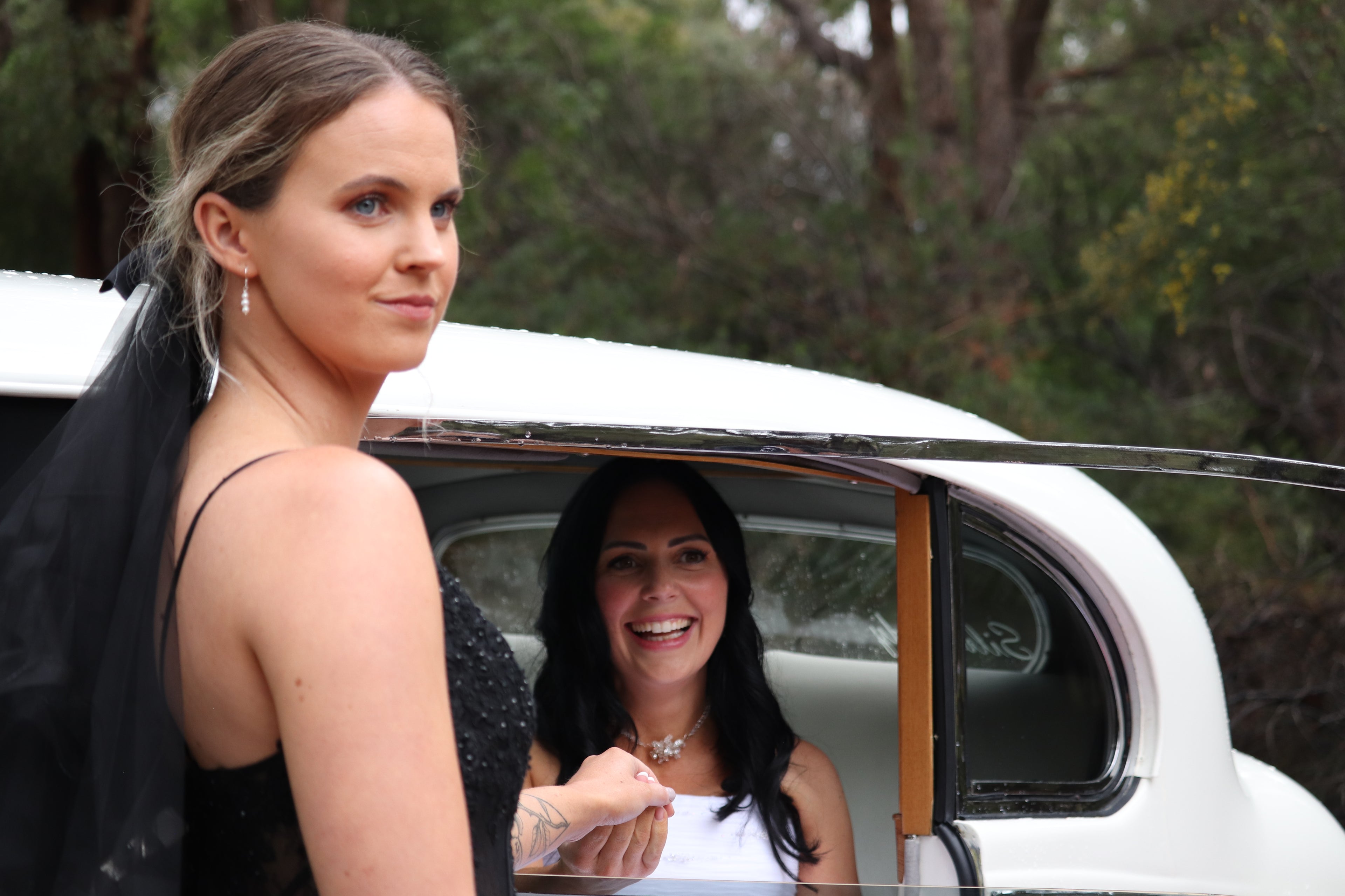 Black deep V plunge wedding dress with fine detailing hire Perth, fits AU4-10