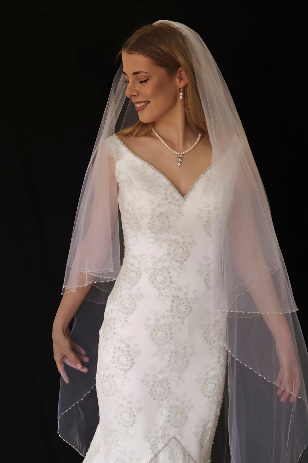 Demetrios wedding dress hire Perth with botanical lace, plunging neckline, and softly fitted skirt, fits AU6-8