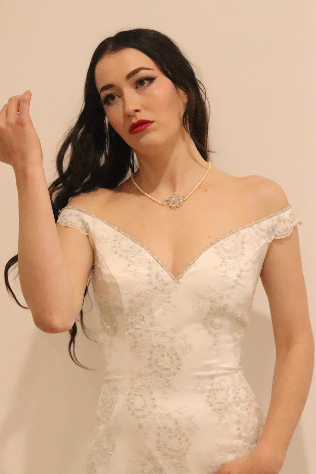 Demetrios wedding dress hire Perth with botanical lace, plunging neckline, and softly fitted skirt, fits AU6-8