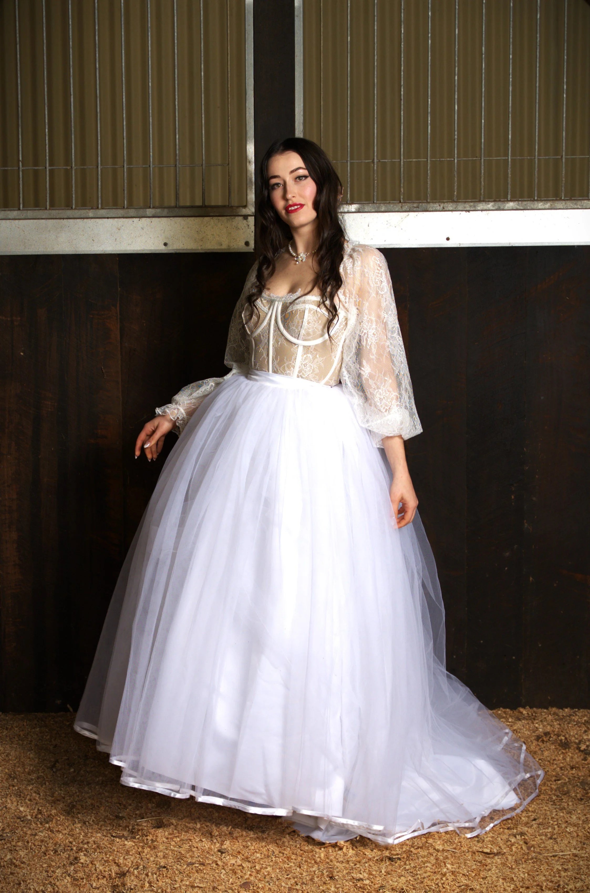 Exposed boning corseted lace bodice wedding dress hire Perth with dramatic full bodied princess skirt, fits AU4-10