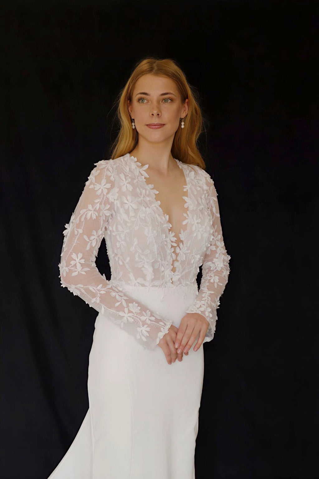 Oxford Street wedding dress hire Perth with deep V plunge finely boned 3D floral detailed bodice, full sleeves, and soft fitted skirt, fits AU10-12