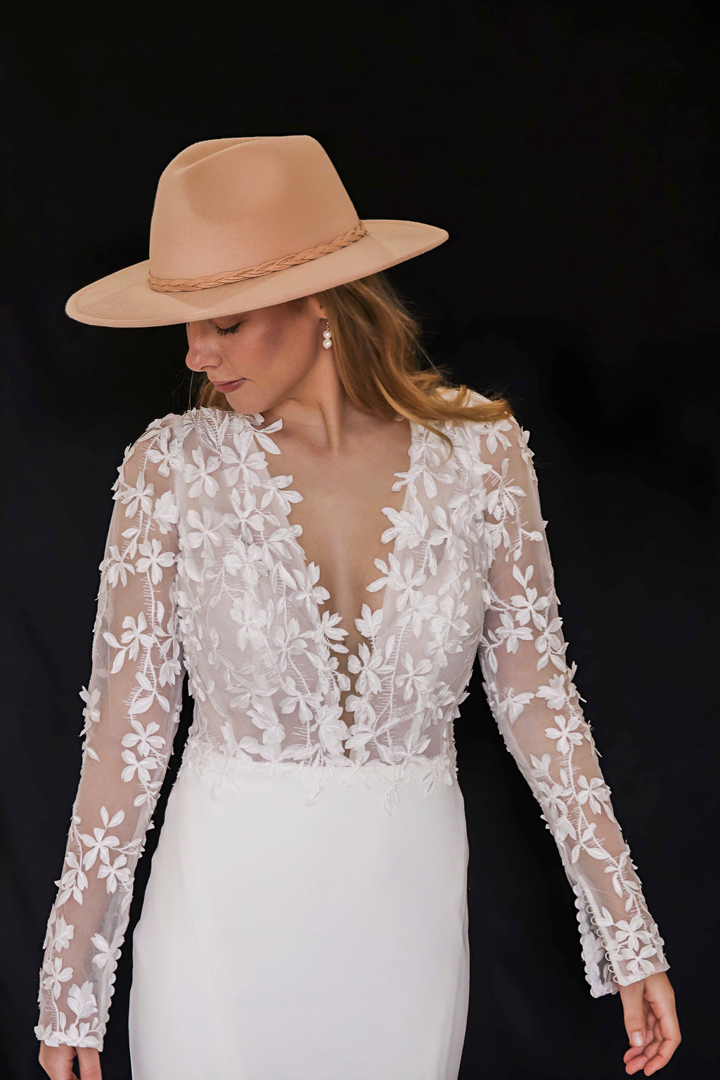 Oxford Street wedding dress hire Perth with deep V plunge finely boned 3D floral detailed bodice, full sleeves, and soft fitted skirt, fits AU10-12