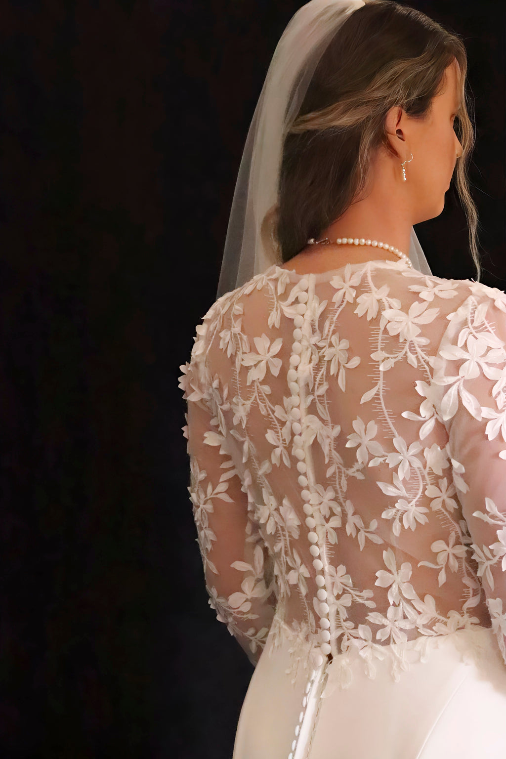 Oxford Street wedding dress hire Perth with deep V plunge finely boned 3D floral detailed bodice, full sleeves, and soft fitted skirt, fits AU10-12