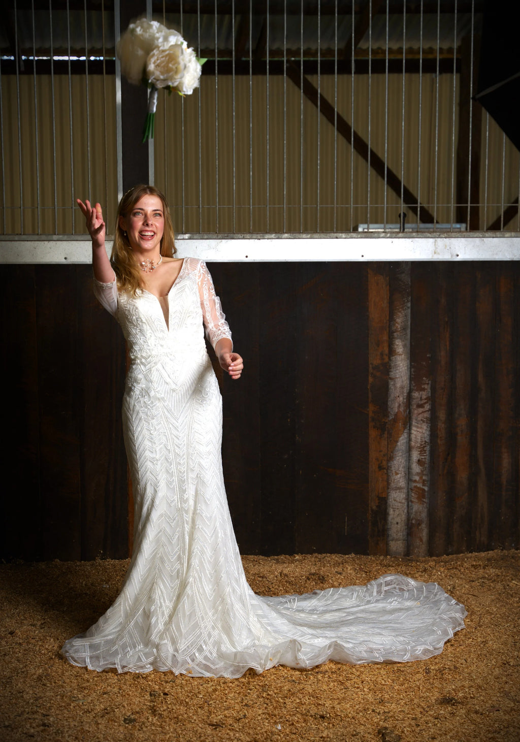 Art Deco wedding dress hire Perth – meticulously hand beaded geometric bodice, finely boned with soft detailed sleeves, fitted skirt, fits AU6-8