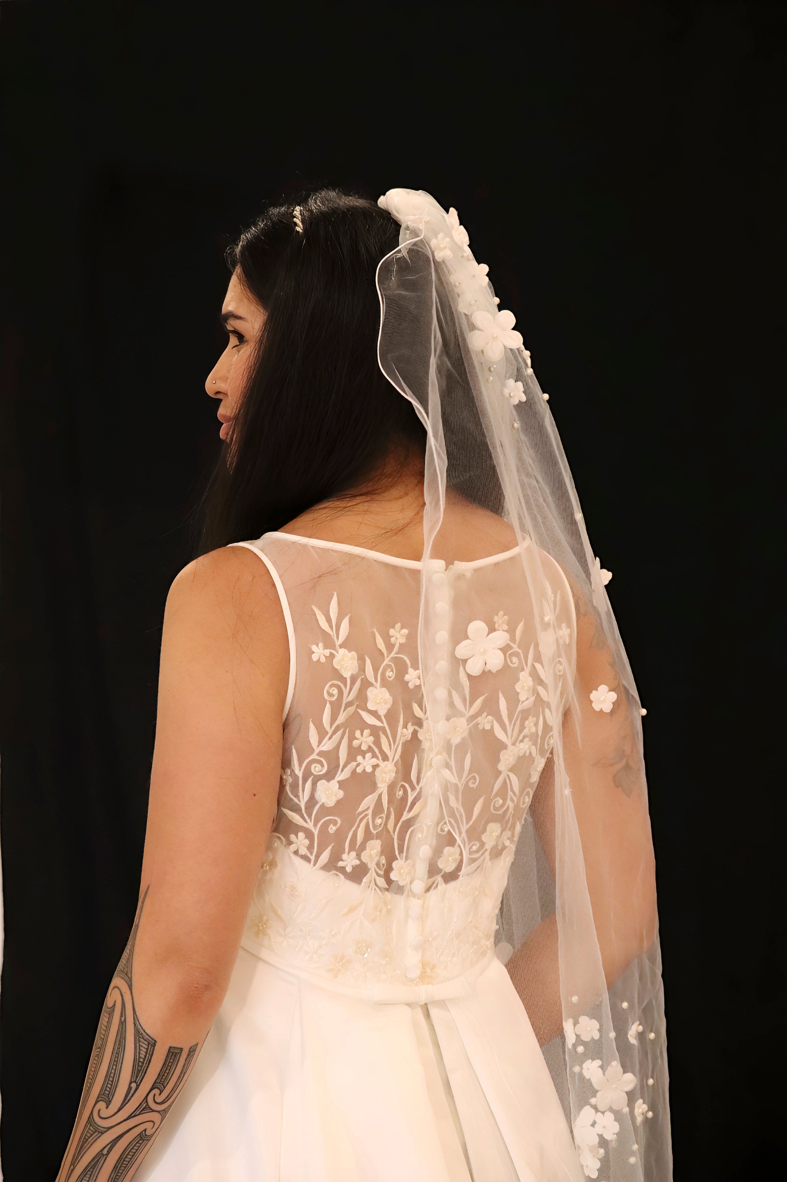 Wedding dress hire Perth with overlayed high neck soft tulle bodice, floral details, and luxurious Mikado A-line skirt, fits AU12-14