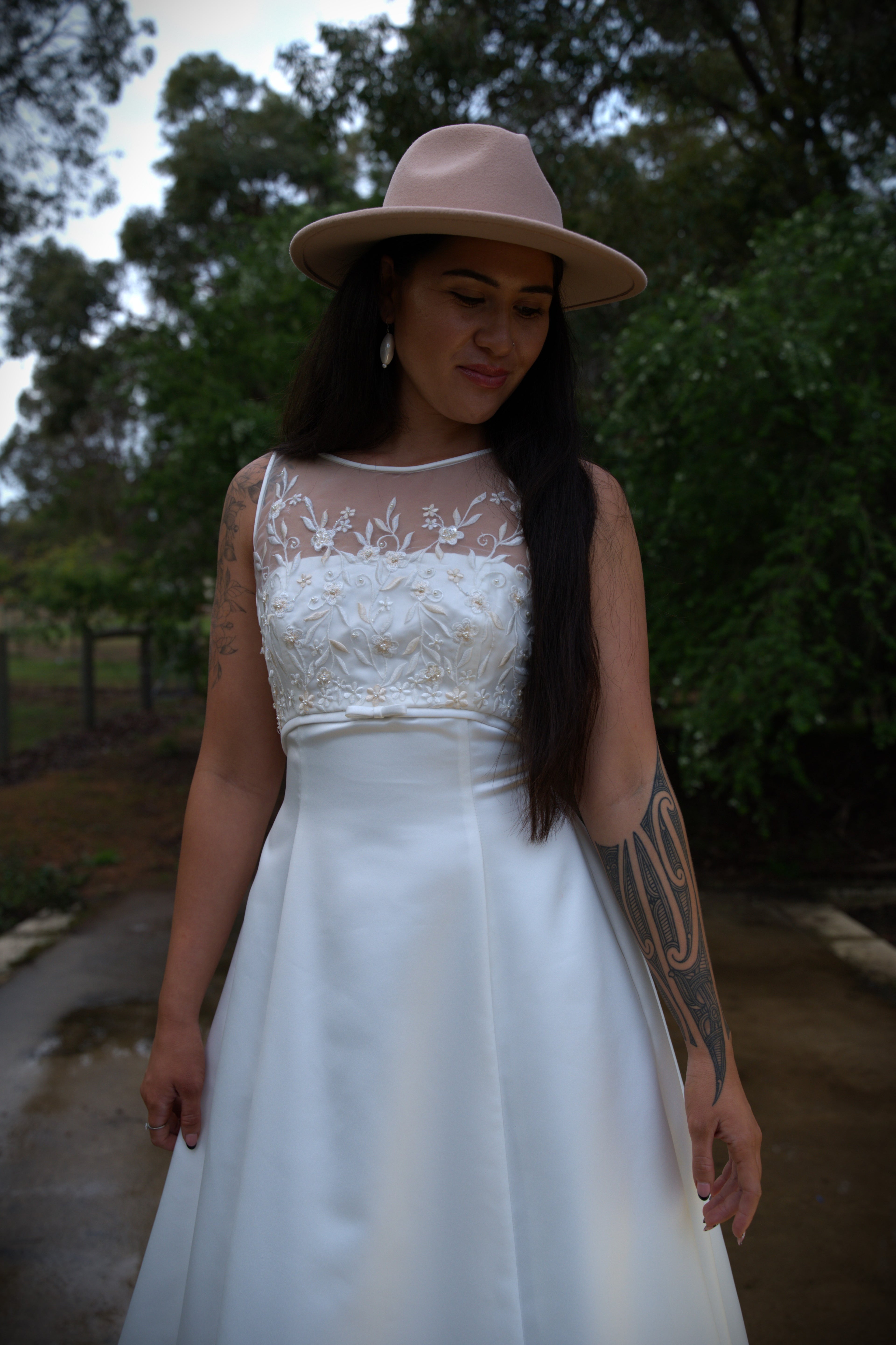Wedding dress hire Perth with overlayed high neck soft tulle bodice, floral details, and luxurious Mikado A-line skirt, fits AU12-14