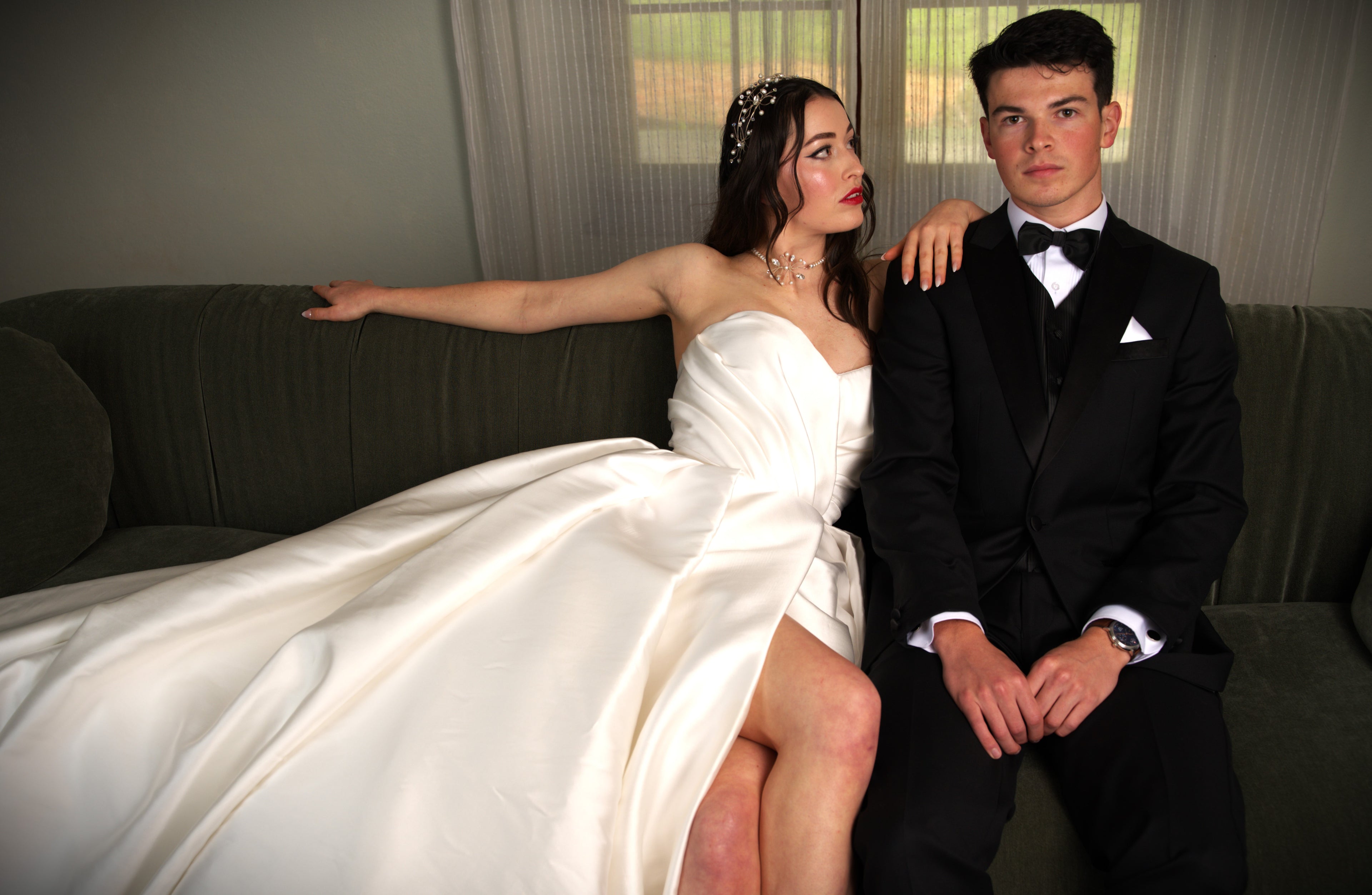 Reem Acra wedding dress hire Perth – ruched corseted bodice with dramatic full skirt and side slit, fits AU4-8